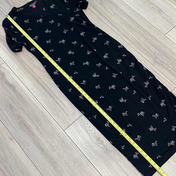 Vince Camuto Stretchy Black Floral Print Ruched Casual Midi Dress - Picture 7 of 9